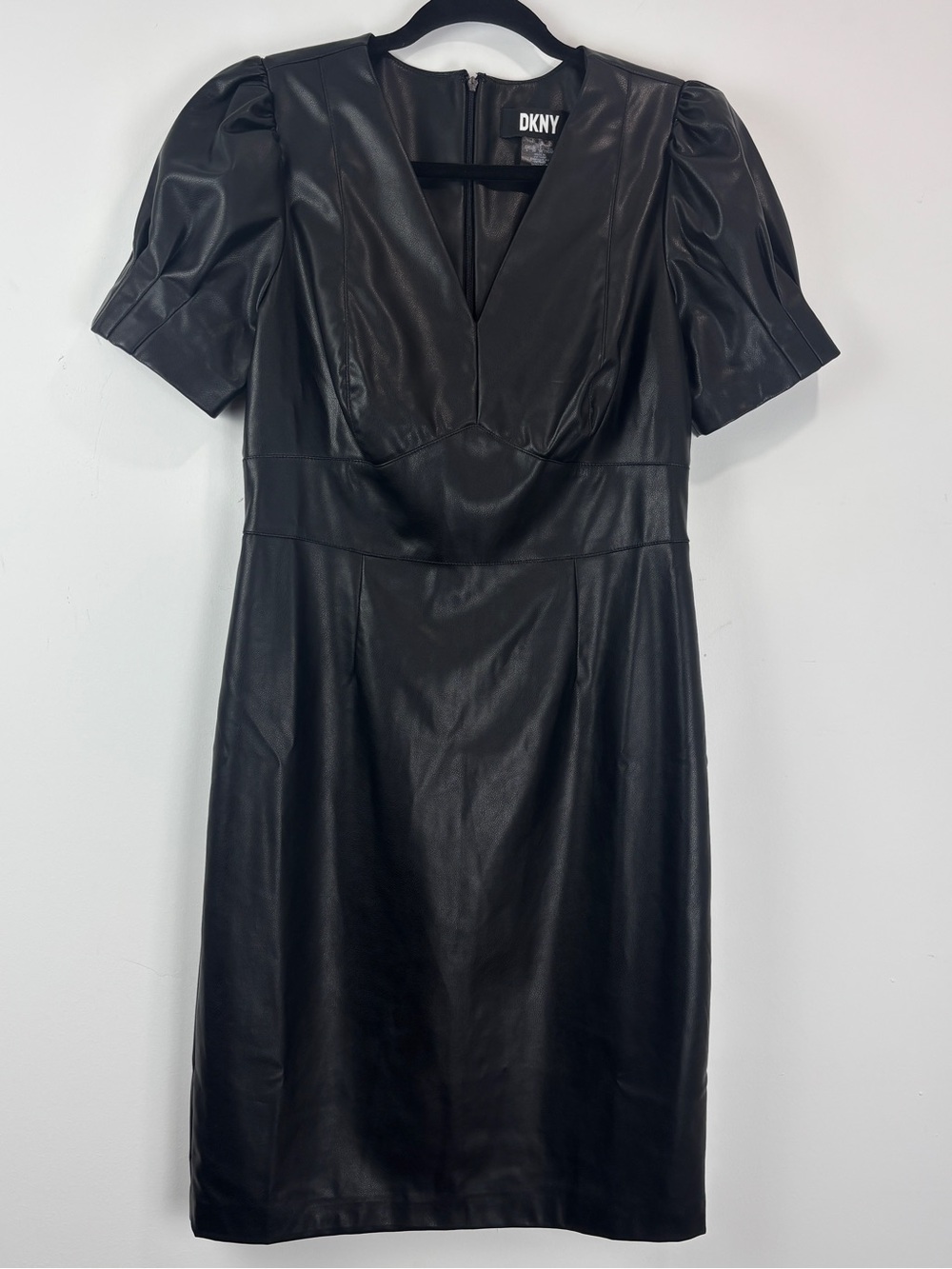 DKNY Black Faux Leather Puff Sleeve Dress knee Length V-Neck Minimalist Chic 4